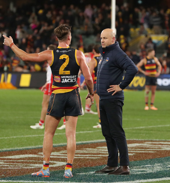 Adelaide’s Ben Keays with coach Matthew Nicks discuss the moment last year.