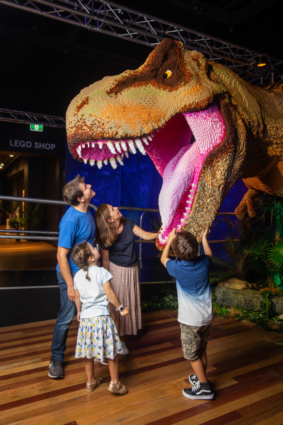 The Tyrannosaurus rex is five metres tall and 12 metres wide, weighing 9000 kilograms. It took 1235 hours to build and is made up of 278, 366 Lego pieces.