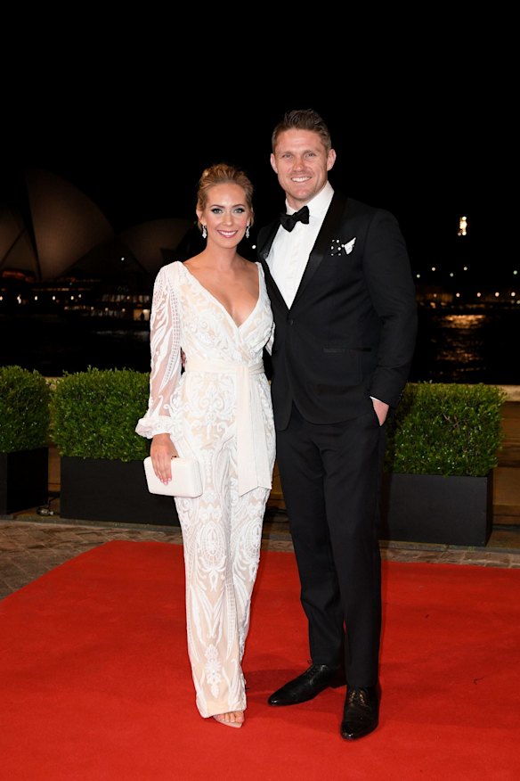 Wests Tigers player Chris Lawrence and wife Kathryn arrive at the Dally M Awards.