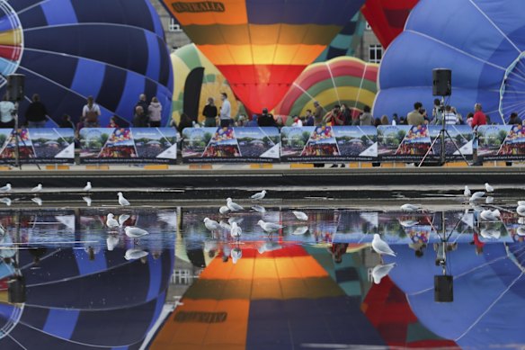 Balloons inflating on the front lawns of Old Parliament House for the Canberra Balloon Spectacular festival.
