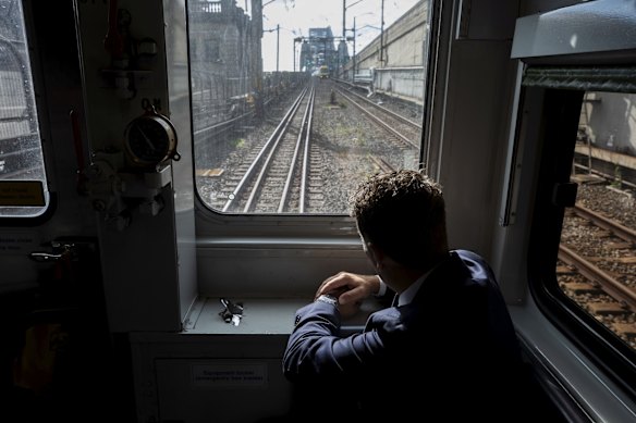 Minister for Transport and Roads Andrew Constance, on the historic final S-Set trip over the Sydney Harbour Bridge.