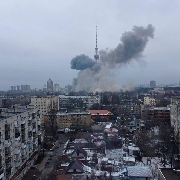 Smoke rises around Kyiv Television Tower in an image shared by Ukrainian government officials.