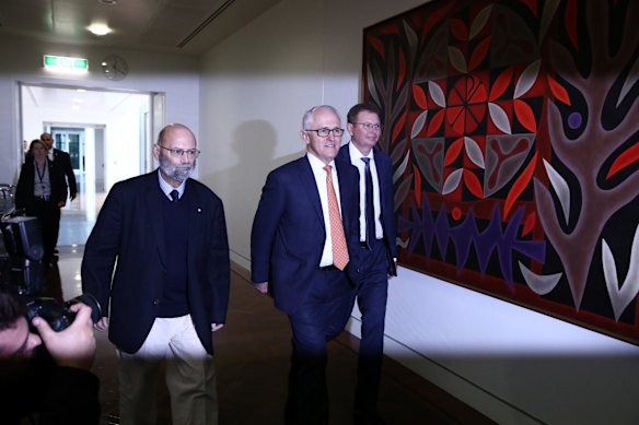 Prime Minister Malcolm Turnbull arrives for a party room meeting at Parliament House in Canberra on August 24, 2018. Fedpol. Photo: Dominic Lorrimer