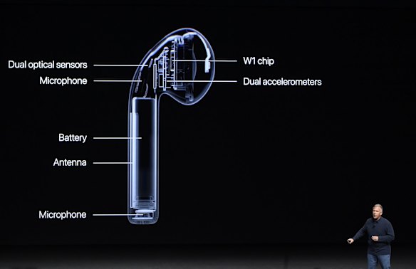 Philip Schiller, senior vice president of worldwide marketing at Apple Inc., unveils the AirPods headphones.