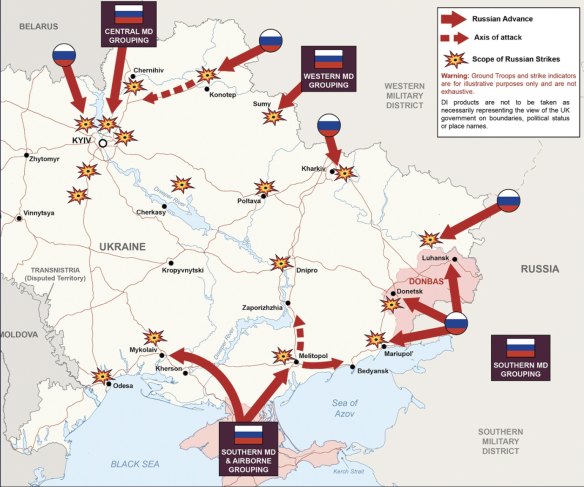 A map released by the UK’s Ministry of Defence shows Russian troop locations in Ukraine.