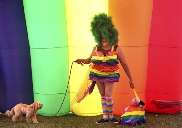 A colourful crowd enjoy the festivities and entertainment at the Gay & Lesbian Mardi Gras Fair Day at Victoria Park, Sydney.