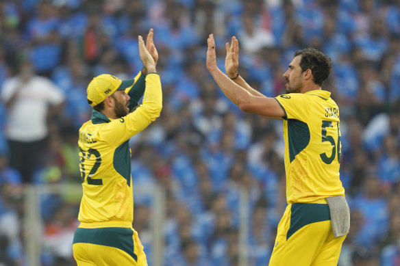 This is how we do it: Glenn Maxwell and Mitchell Starc celebrate a wicket.