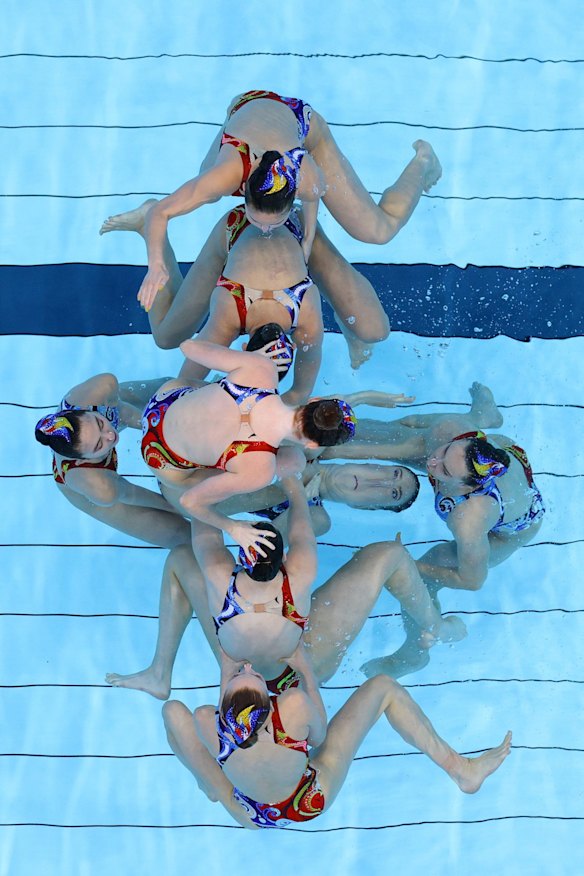 Team Australia compete in the Artistic Swimming Team Free Routine on day fifteen of the Tokyo 2020 Olympic Games at Tokyo Aquatics Centre on August 07, 2021 in Tokyo, Japan.