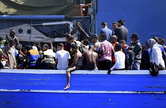 Four hundred and forty one refugees wait to be rescued by the Swedish Coast Guard ship off the Libyan coast.