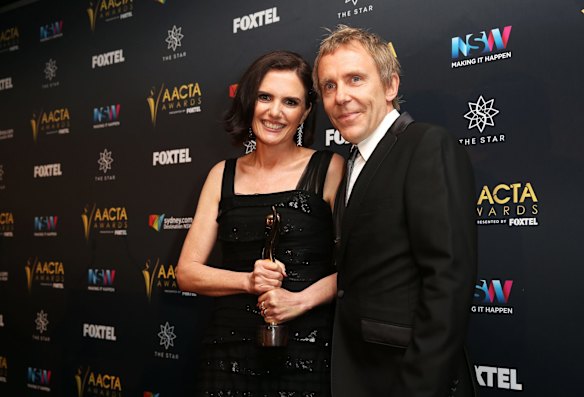 Robyn Butler and Wayne Hope after winning the AACTA Award for Best Television Comedy Series Upper Middle Bogan at the 6th AACTA Awards in Sydney, Australia.
