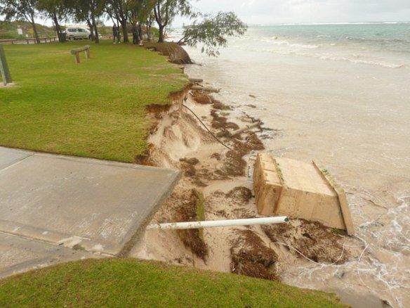 The erosion at Grace Darling Park in Lancelin in May which cost $35,000 to fix. The area behind and next to this park where the proposed caravan park would be located.