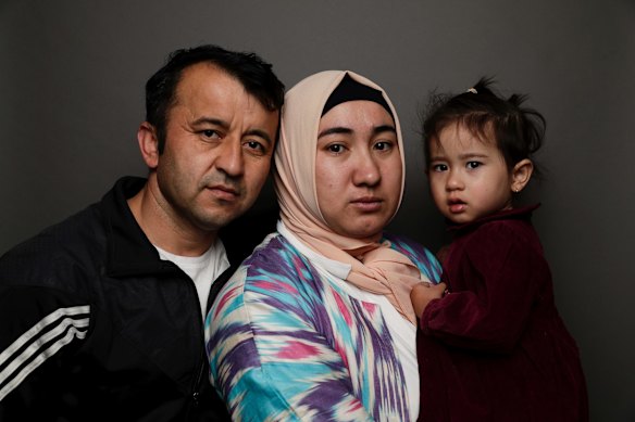 Shir Yarmuhammad and Renagul Tursun with their daughter Khadija Yarmuhammad.
“Even after coming to Australia, although we live in a safe country, day and night we live in fear and trauma because so much of our family are living such a stressful life over there and just waiting to be knocked down by the government,” Tursun says.
