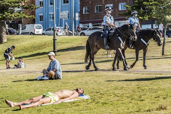 NSW Police patrol Bondi Beach keeping the COVID-19 restrictions in place.