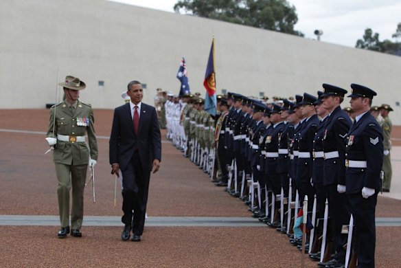 President of the United States Barack Obama inspects the Federation Guard during the ceremonial arrival at Parliament House Canberra.