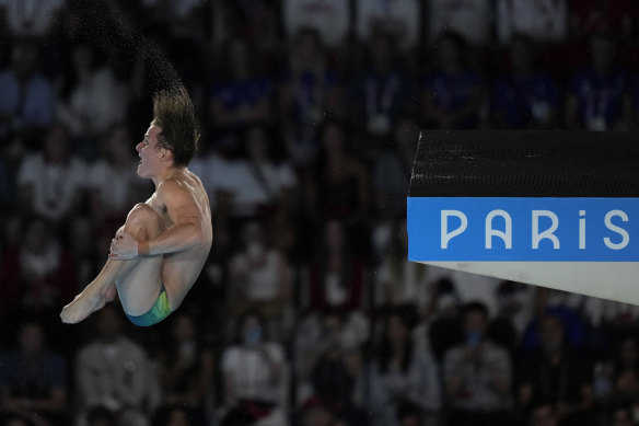 Australia’s Cassiel Rousseau takes the plunge off the 10m platform.