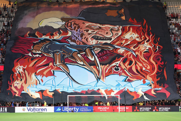 Wanderers fans unveil their impressive  tifo before the start of the Sydney derby.