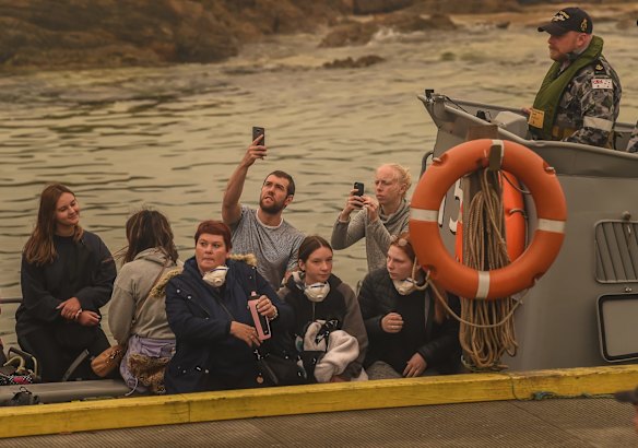 Mallacoota Evacuations of people stranded after the bushfires that ravaged the town on December 30 2019. Evacuated by army personnel to the HMAS Choules Friday 3rd January 2020.
