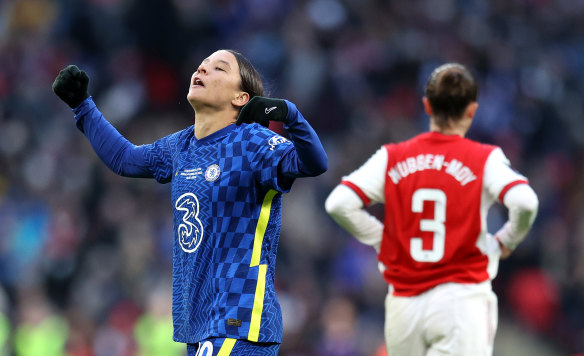 Sam Kerr of Chelsea celebrates after scoring their team’s second goal.