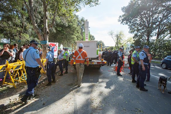 Police flank either side of the entry into Sydney Park as logging crews move in to remove trees.