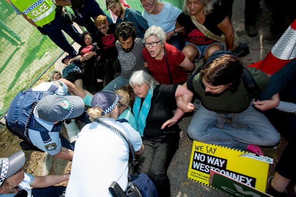 Westconnex protestors link arms and stage a sit-in.