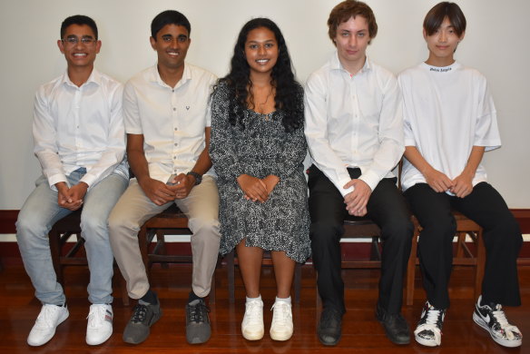 Perth Modern School graduates Ryan Joseph Anson, Akash Jayaram, Savindi Wimalarathne, Leosha Trushin, and Jake Cho.