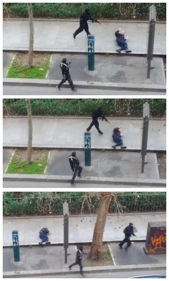 The gunmen approach a wounded policeman, shooting him dead then moving quickly on.