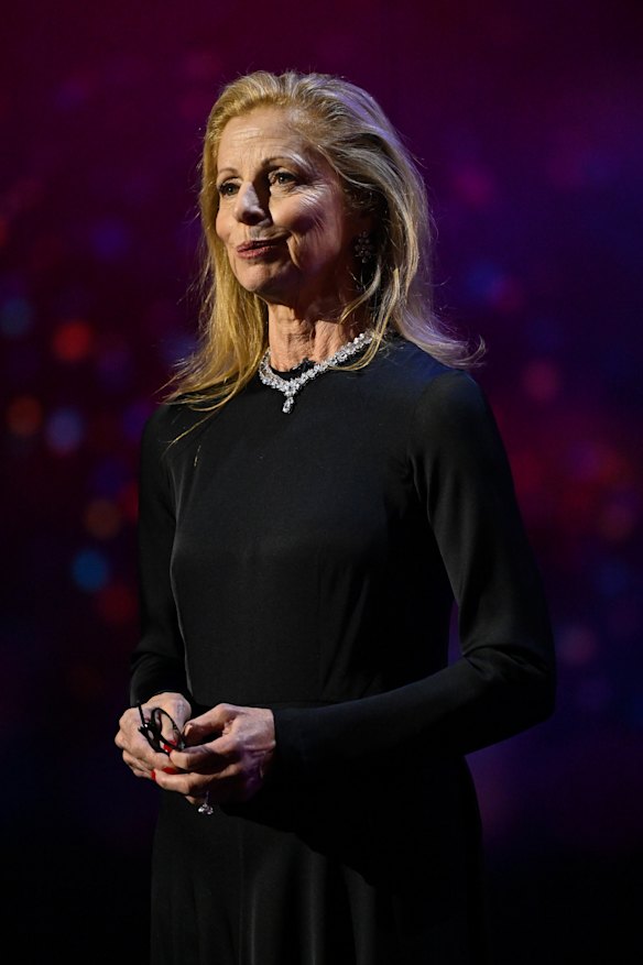 Heather Mitchell speaks about her late friend Sam Neill on stage at the Logies.