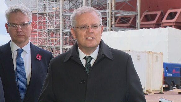 Scott Morrison speaking to the media at BAE’s shipyards in Glasgow, Monday 1 November, 2021. 