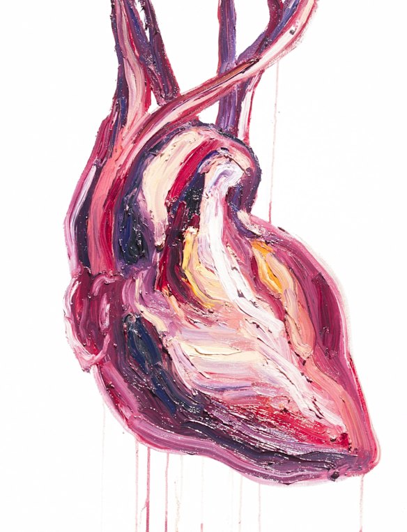 A painting by Myuran Sukumaran of his heart and signed by nine prisoners awaiting execution is displayed by Sukumaran's family at Wijaya Pura in Cilacap on the day of the execution.