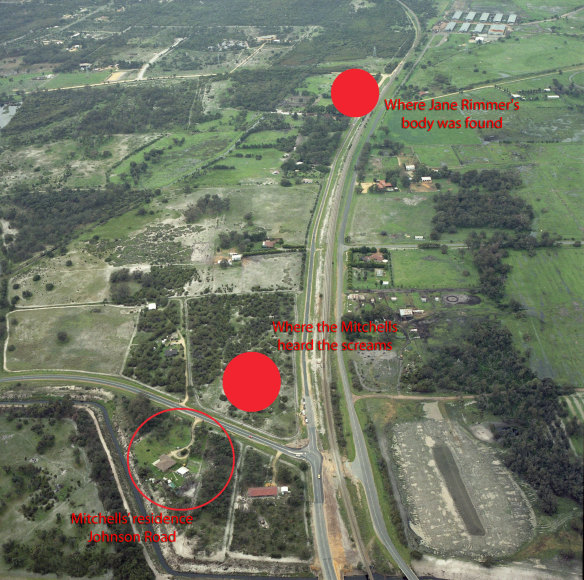 An aerial map of Wellard in 1996, marked up by WAtoday to show the location of where residents said they heard screams the night Jane Rimmer vanished. 