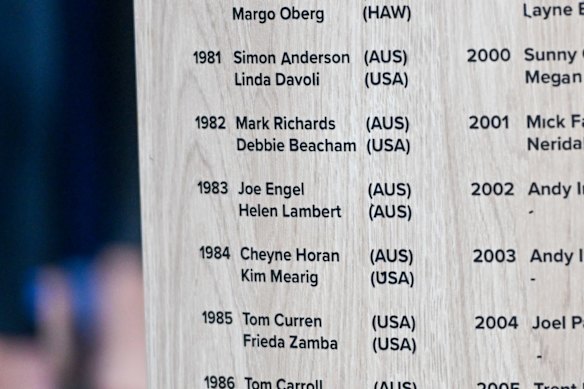 The Bells Beach trophy with the name of Ethan Ewing's mother Helen Lambert who won the event in 1983.