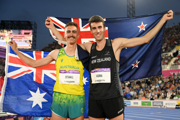 Silver medal winner Brandon Starc of Team Australia and gold medalist Hamish Kerr of Team New Zealand.