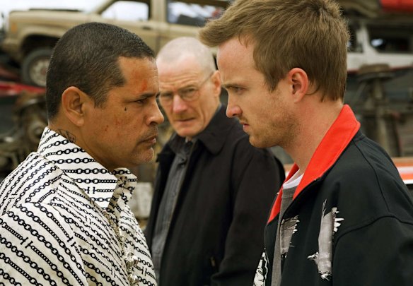 Drug dealer Tuco Salamanca (Raymond Cruz), left, staring down Jesse Pinkman, right, as Walter White looks on, during the second season.