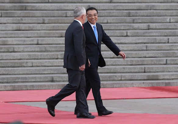 Prime Minister Malcolm Turnbull received a ceremonial welcome at the Great Hall of the People in Beijing China with Premier Li Keqiang who corrected Mr Turnbull to walk on the otherside on 14 April 2016. 