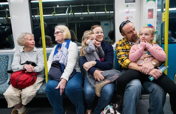 The Williams family take a ride on the new trains: Annika,  Liesl, (next to father), mother Jacqui and father Tony. 