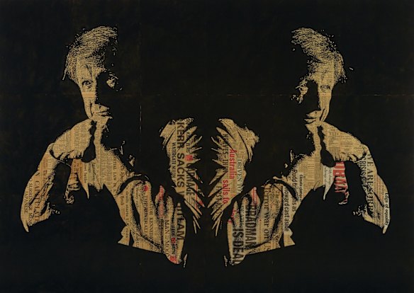 James Powditch, 'Kerry O'Brien - all along the watch tower'. Acrylic on paper and board, 173 x 244 cm. © the artist. Sitter: Kerry O'Brien.