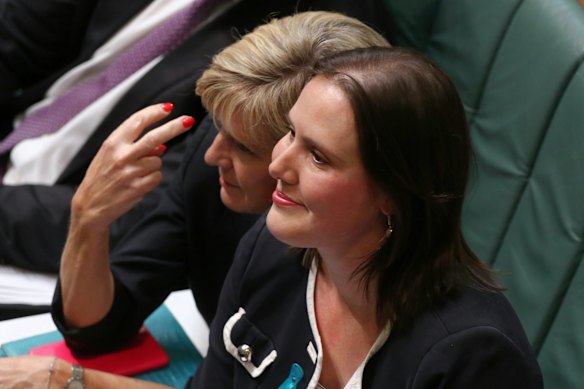 Minister for Foreign Affairs Julie Bishop and Minister for Small Business and Assistant Treasurer Kelly O'Dwyer during Question Time at Parliament House in Canberra on Wednesday 24 February 2016. Photo: Alex Ellinghausen