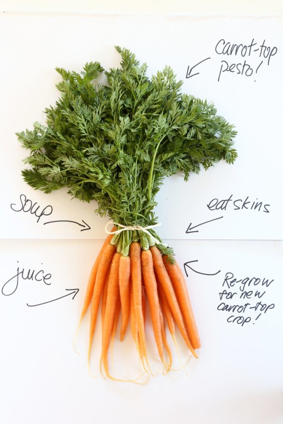 <b>Carrot tops:</b> Waste not! Carrot-top pesto is delicious and thrifty. Jill Dupleix shows how <a href="http://www.goodfood.com.au/recipes/carrottop-pesto-20141013-3hyee"><b>(Recipe here).</b></a>