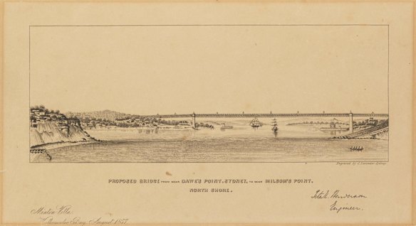 A Proposed bridge from near Dawe's Point, Sydney, to near Milsons  Point, North Shore, 1857 / Designed by P.E. Henderson engineer, engraved by S. Lavender.