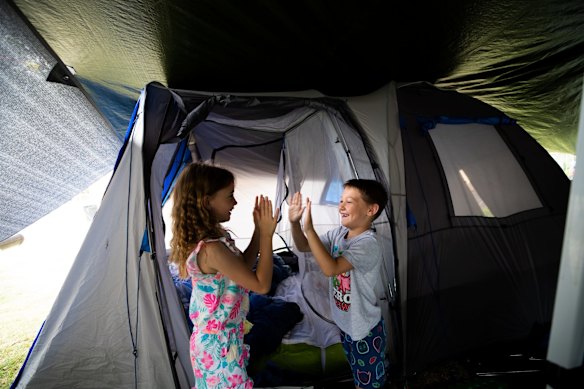 Children enjoying themselves at the Toowoon Bay Holiday Park on the Central Coast. It has had more bookings because of travel restrictions during COVID-19 crisis.