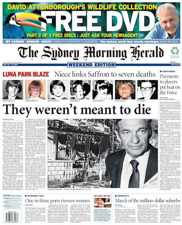 The Sydney Morning Herald front page regarding the Luna Park fire from May 2007.