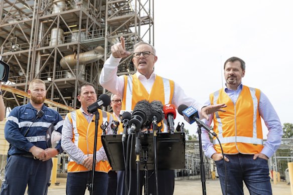 Opposition Leader Anthony Albanese addresses the media at a doorstop interview after a visit to the Northern Oil Refinery in Gladstone, Queensland.