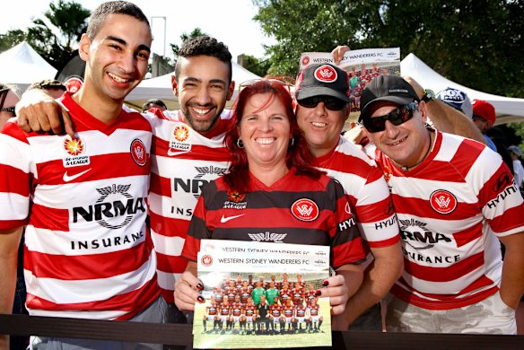 Western Sydney Wanderers fans Max Moujalli, Rick Iskandar, Jen Rodger, Brad Gauld and John Brillo at the Grand Final Saturday at Suncorp Stadium, Brisbane.