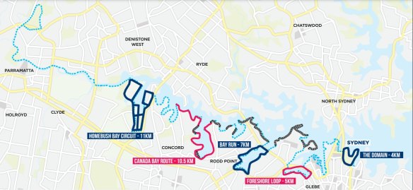 The blue dotted line shows the current foreshore route from Woolloomooloo to West Concord, while the black line shows areas of the foreshore that are currently restricted access. 