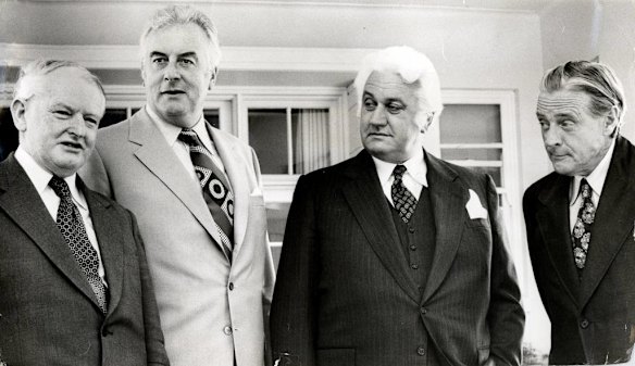 Frank Crean, Gough Whitlam, John Kerr and Jim Cairns after Cairns was sworn in as treasurer replacing Crean who became Minister for Overseas Trade in Canberra on 11 December 1974.