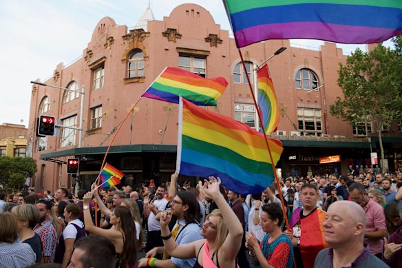 Celebrations continue as people rally down Oxford st, Darlinghurst.