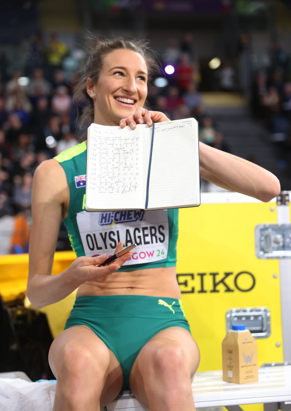 Olyslagers with her performance notebook after the win at the world indoor championships in Glasgow.