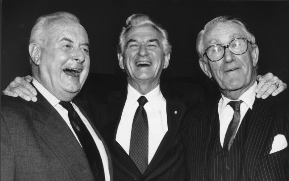 As level as a Nullarbor horizon: former PMs Gough Whitlam, Bob Hawke and Malcolm Fraser appear together on June 29, 1992.