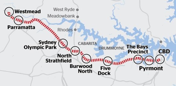 悉尼地铁西线的当前规划，包括帕拉马塔和悉尼奥林匹克公园之间的七公里路段。