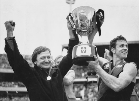 Those were the days: 1985 premiership coach Kevin Sheedy and captain Terry Daniher. Young star Sam Durham has been likened to Daniher, a Bombers great.